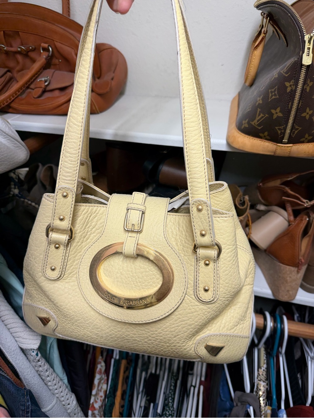 Dolce & Gabbana Pale Yellow Leather Shoulder Bag with Gold Ring